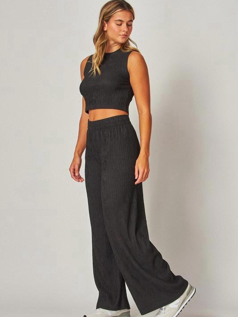 Love Poem Plisse Lounge Set Bundle Small Black Brown Wide Leg 2 pc Matching Set - Picture 2 of 8